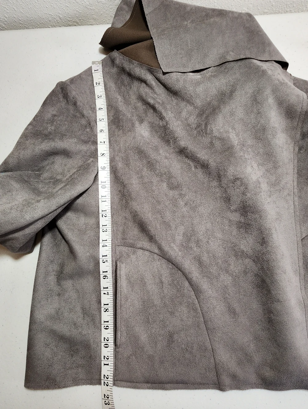 Anne Klein Faux Suede Draped Open Front Jacket XL Gray Waterfall Collar Neutral
